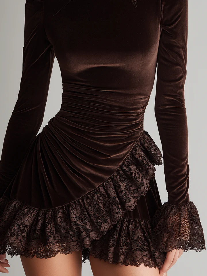 Brown Velvet Mini Dress with High Neck and Ruffled Lace Hem