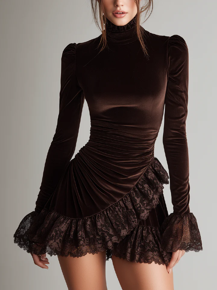Brown Velvet Mini Dress with High Neck and Ruffled Lace Hem