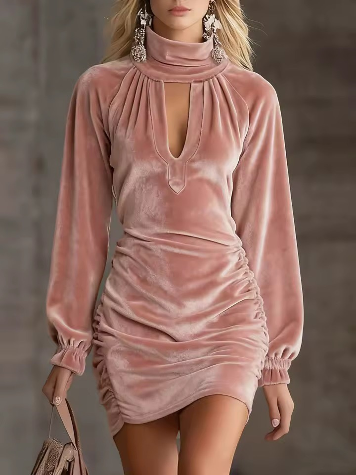 Mini Ruched Velvet Dress with High Neck and Cutout