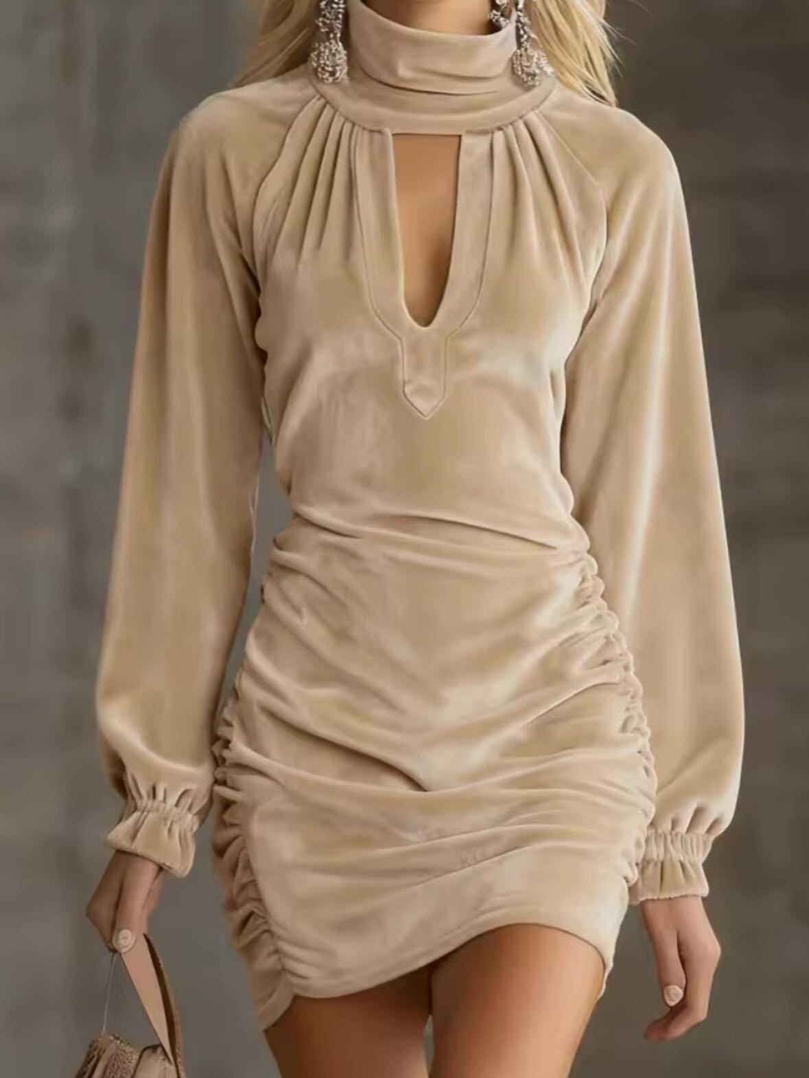 Mini Ruffled Velvet Dress with High Neck and Cutout