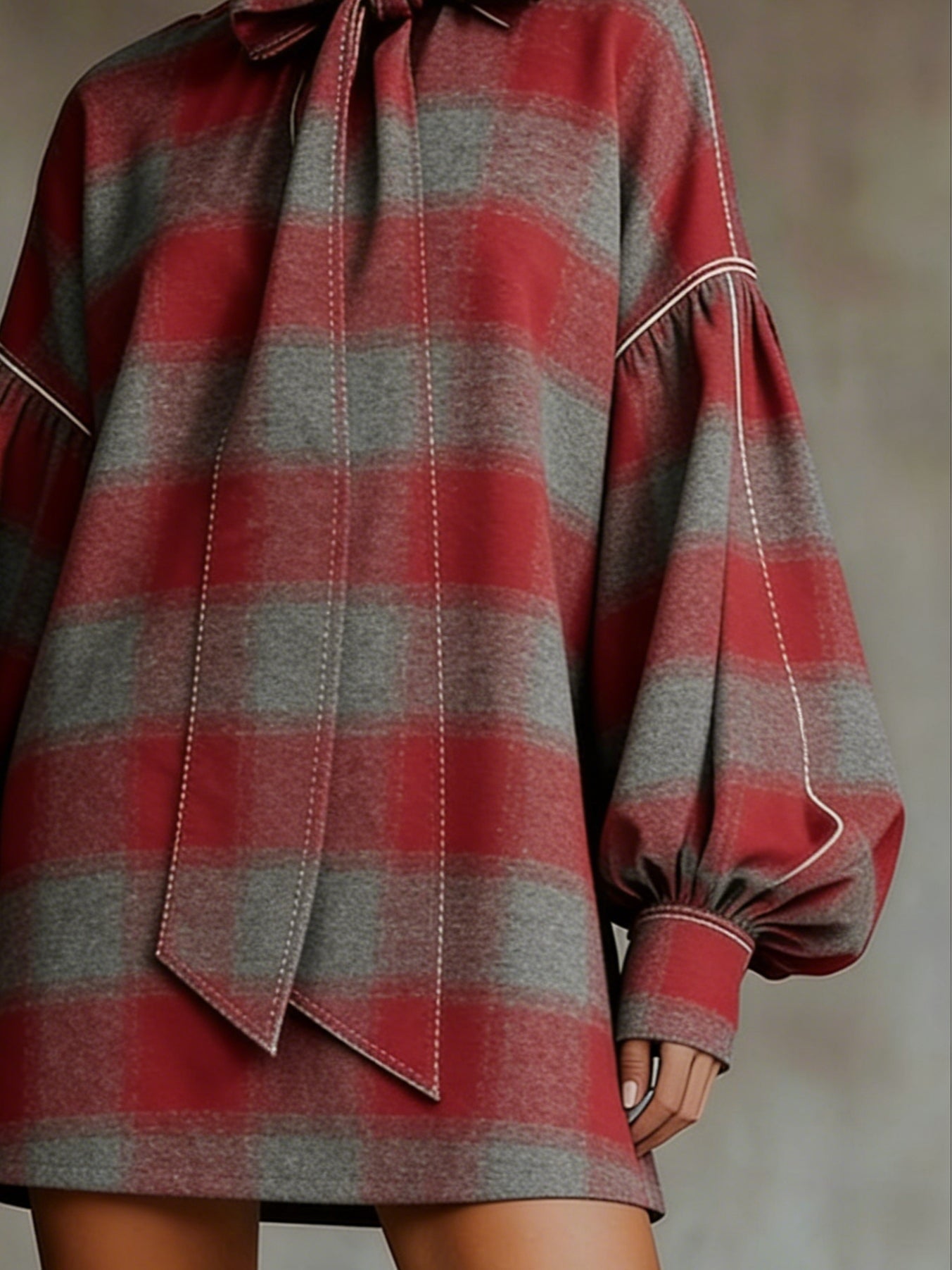 Red and Gray Plaid Lantern Sleeve Mini Dress
