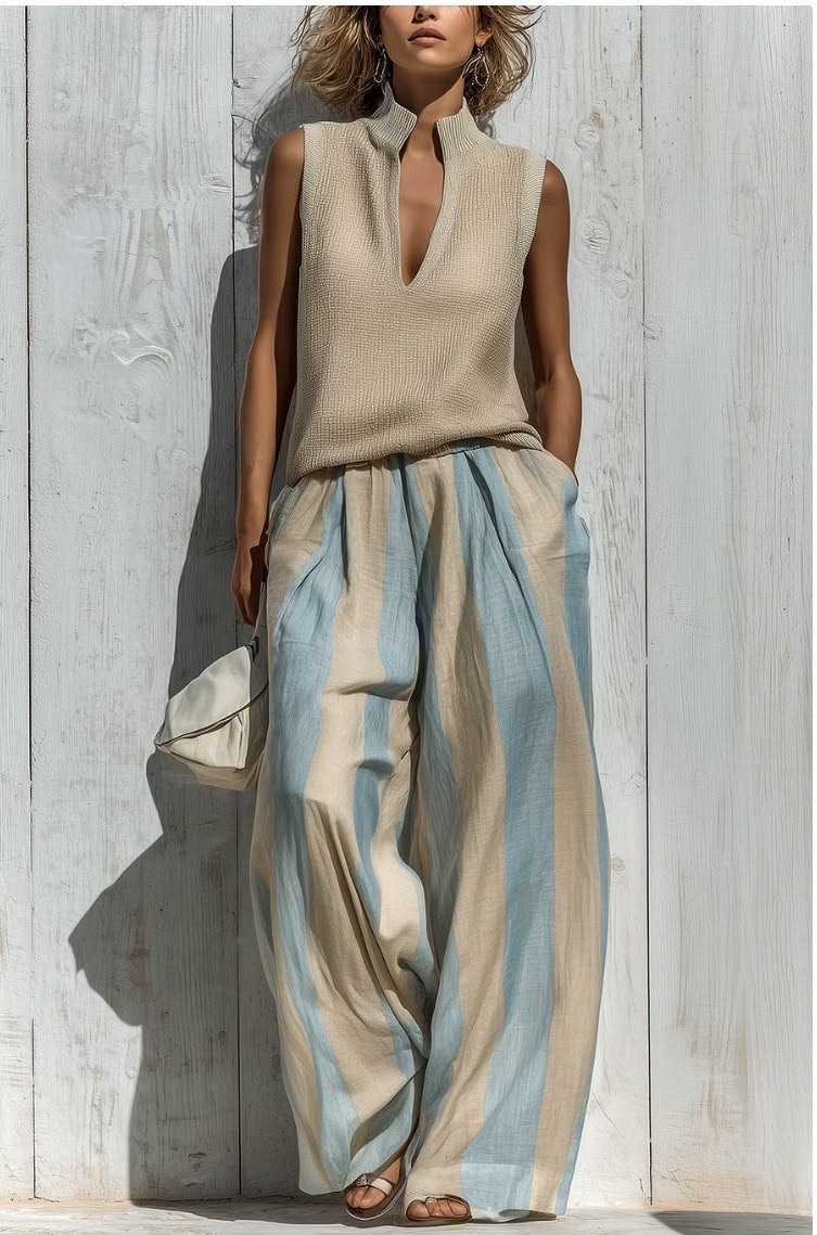 Sarah | Casual Sleeveless Top and Striped Trousers Set