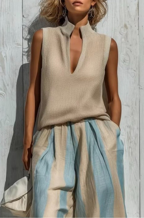 Sarah | Casual Sleeveless Top and Striped Trousers Set