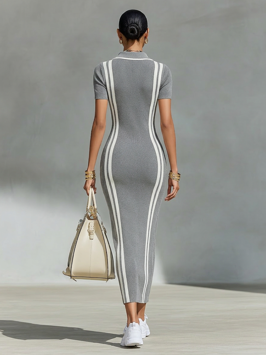 Women's Grey Stretchy Knit Zip Polo Collar & Vertical Side Stripes Maxi Dress