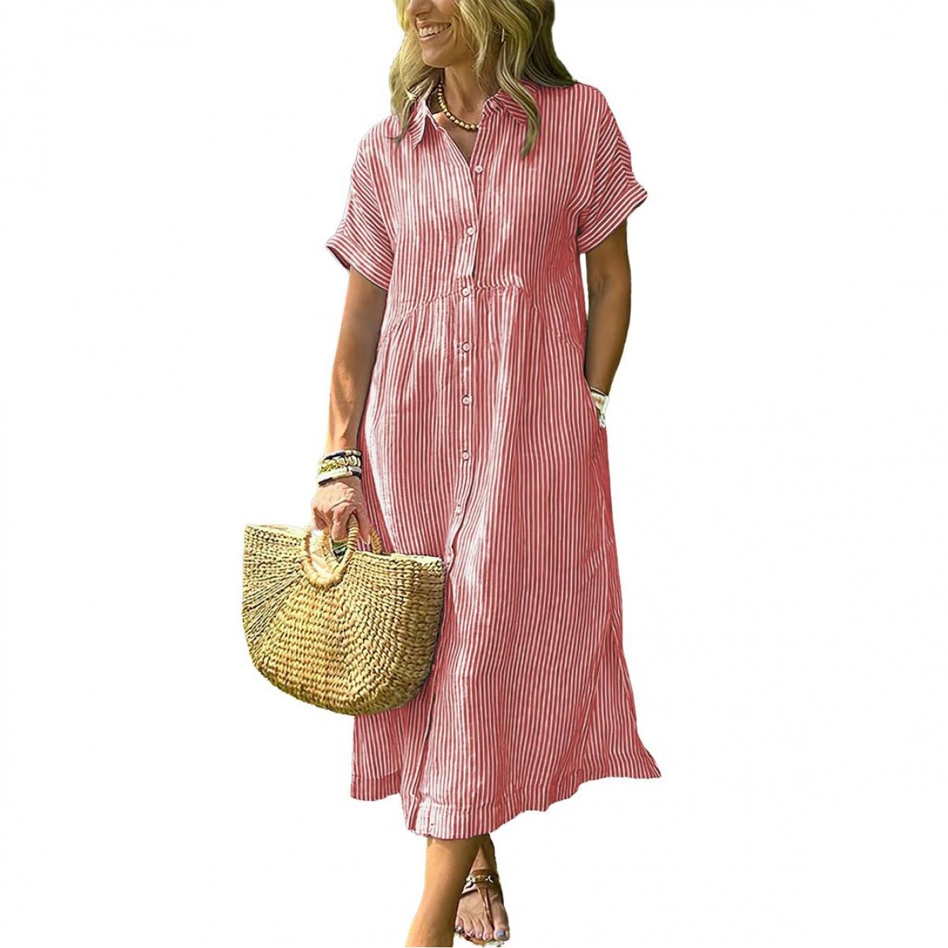 Amelia | Relaxed Midi Striped Dress with Bohemian Side Slits And Pockets