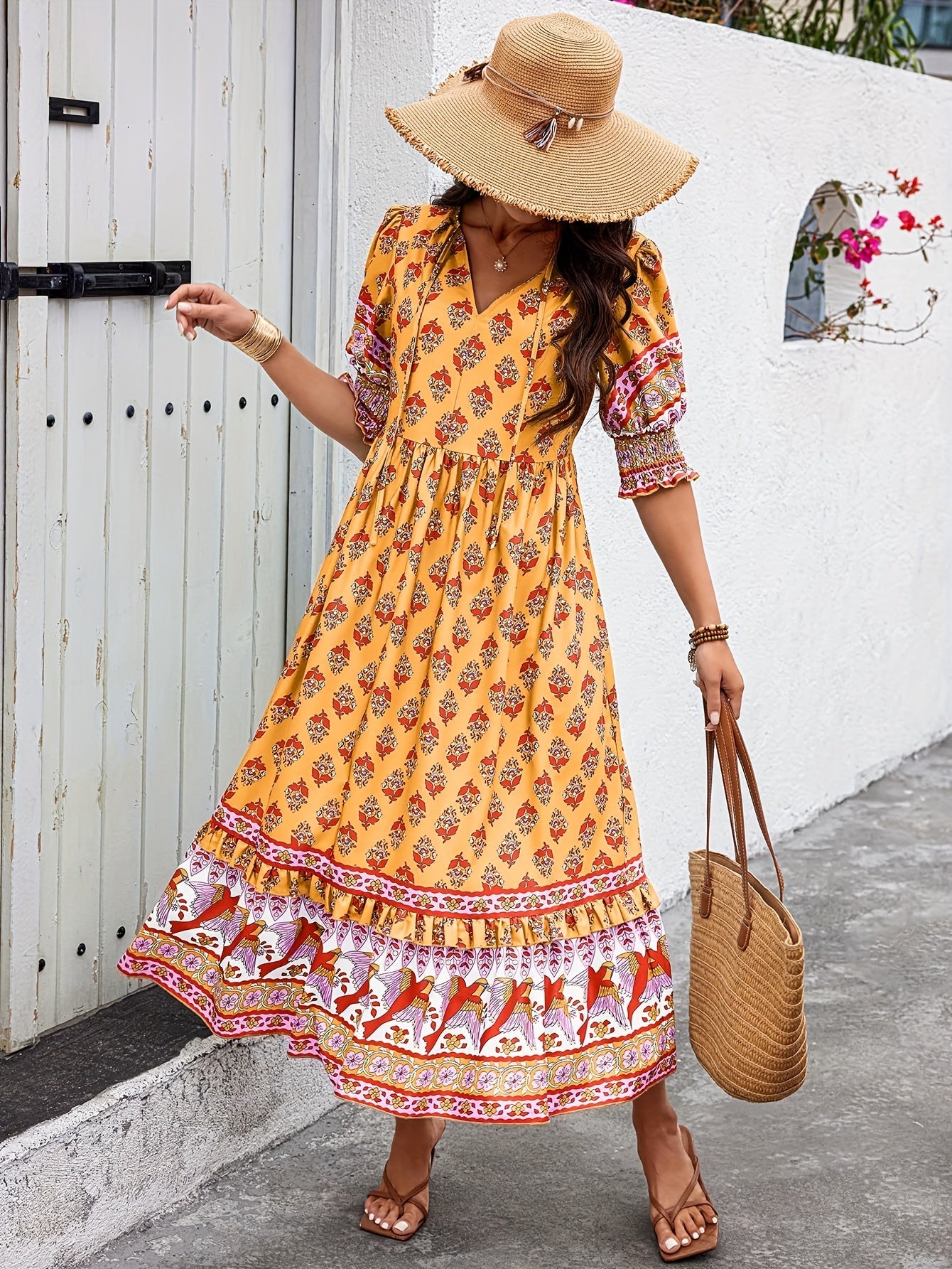 Alicia | Elegant Bohemian Style Long Dress with Lantern Sleeves