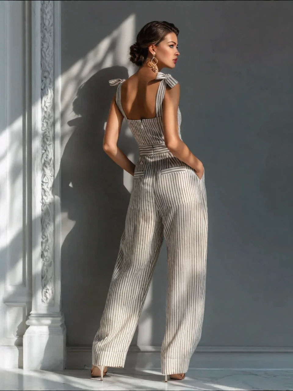 Ava | Beige Stripe Tie-Shoulder Wide-Leg Jumpsuit