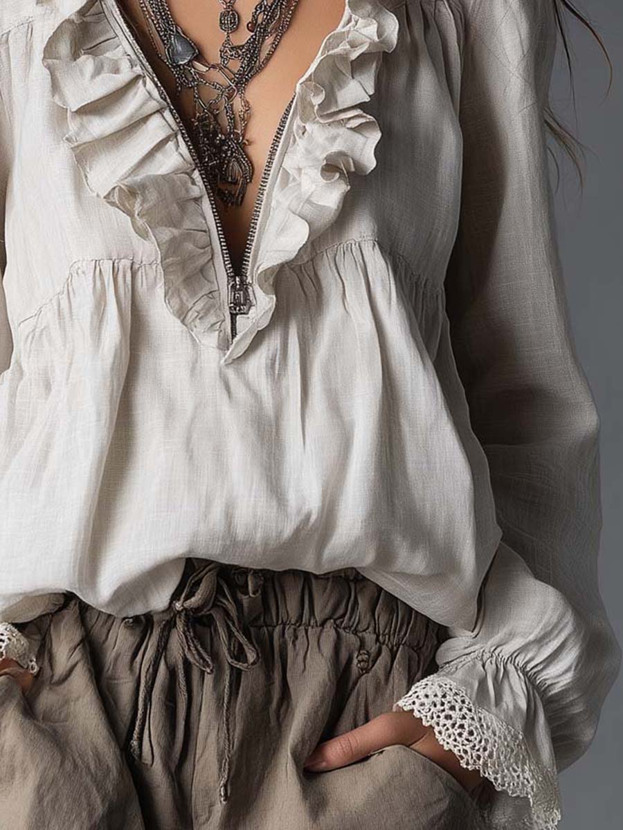 Effortless Zip-up Collar Ruffled Cotton Linen Blouse