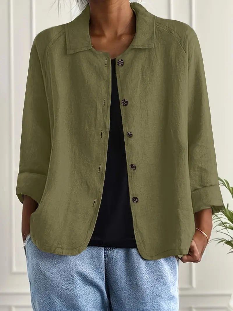 Aurelienne | Olive Relaxed Open Shirt with Point Collar