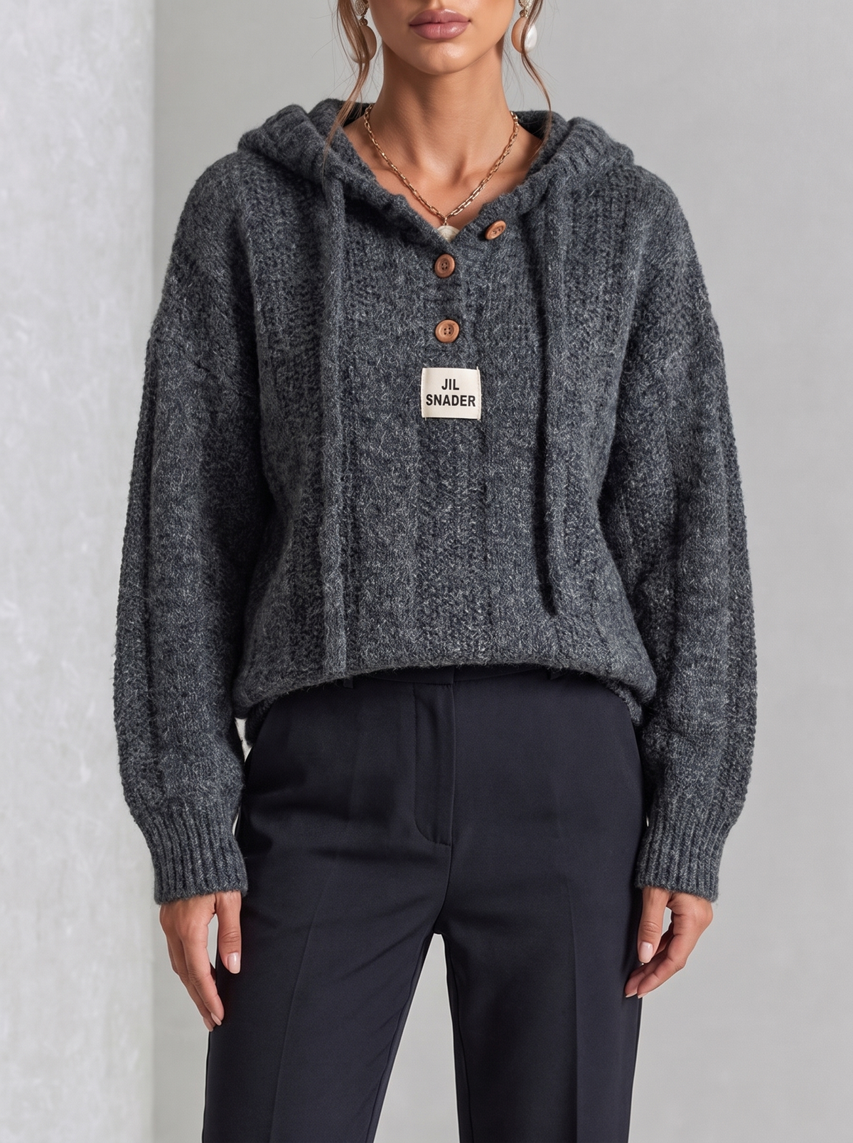 Hazel | Coffee Lace-Up Hooded Knit Top