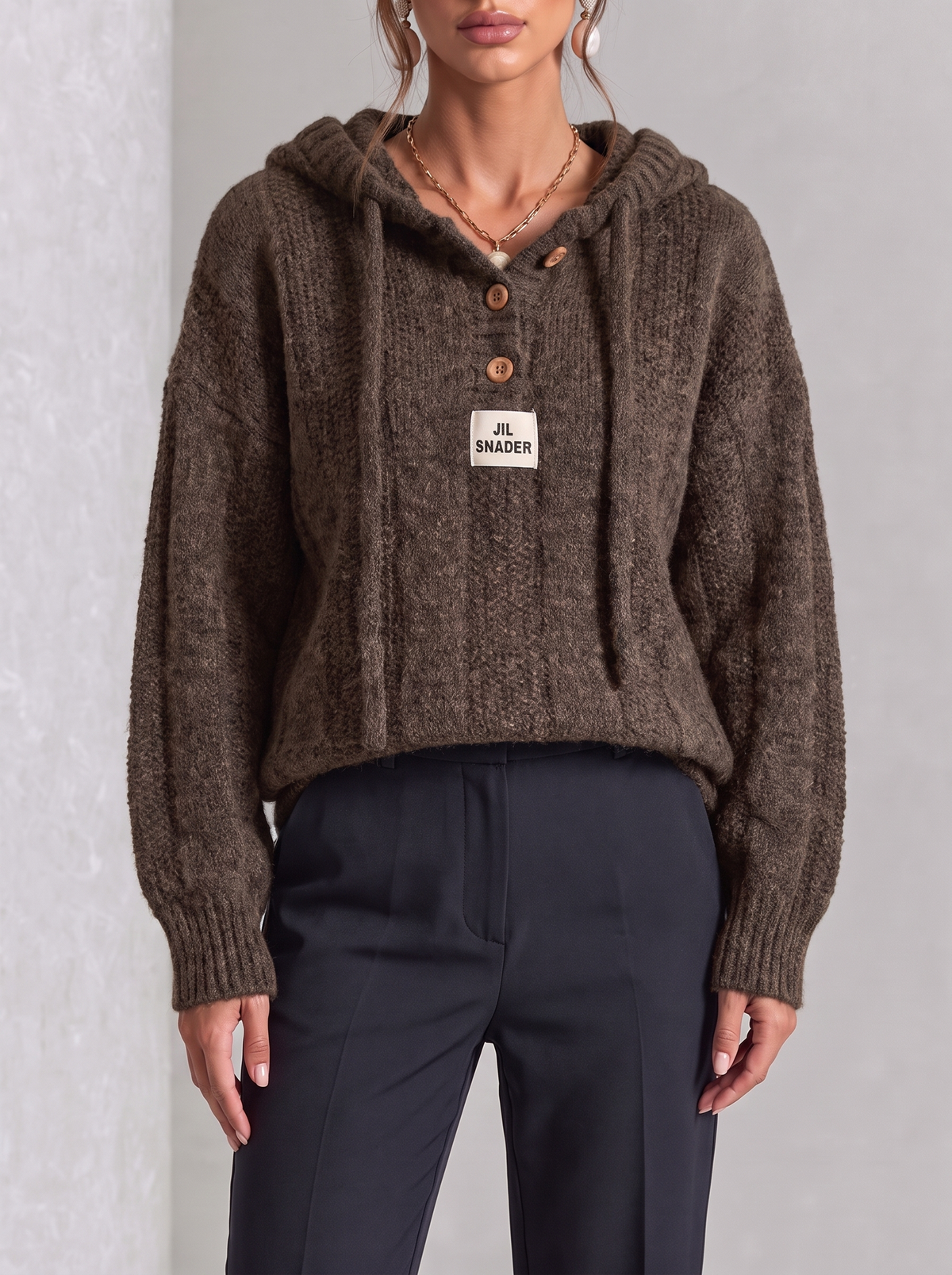 Hazel | Coffee Lace-Up Hooded Knit Top