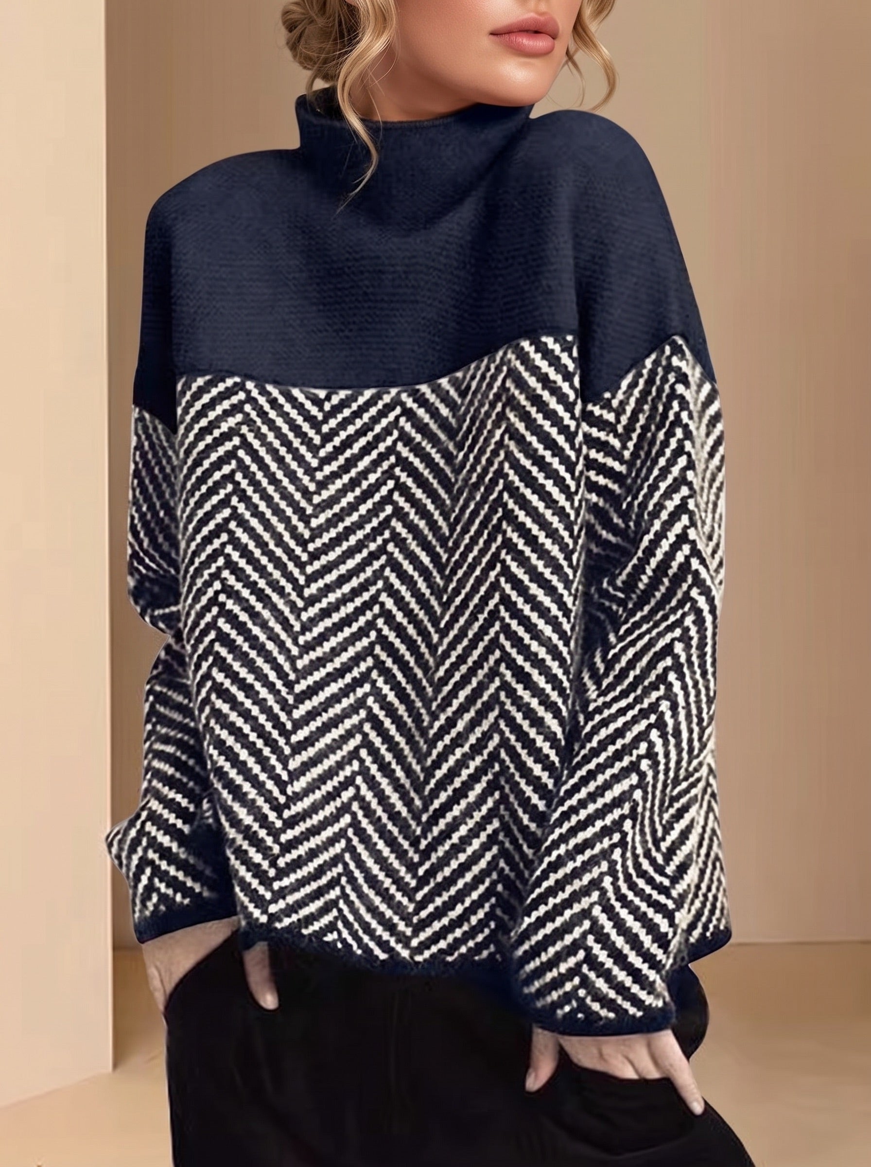 Sloane | Khaki Turtleneck Patchwork Knit Pullover