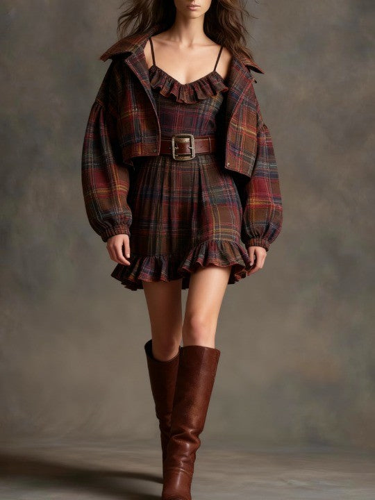 Vintage Striped Velvet Mini Dress with Oversized Jacket (Includes Belt)
