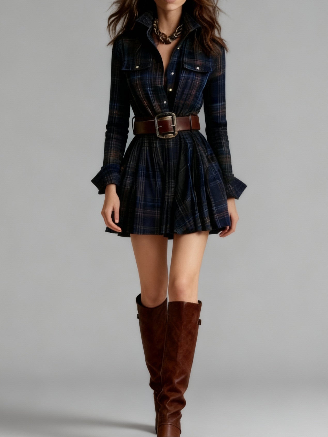 Vintage Lapel Red and Brown Plaid Mini Dress (includes belt)