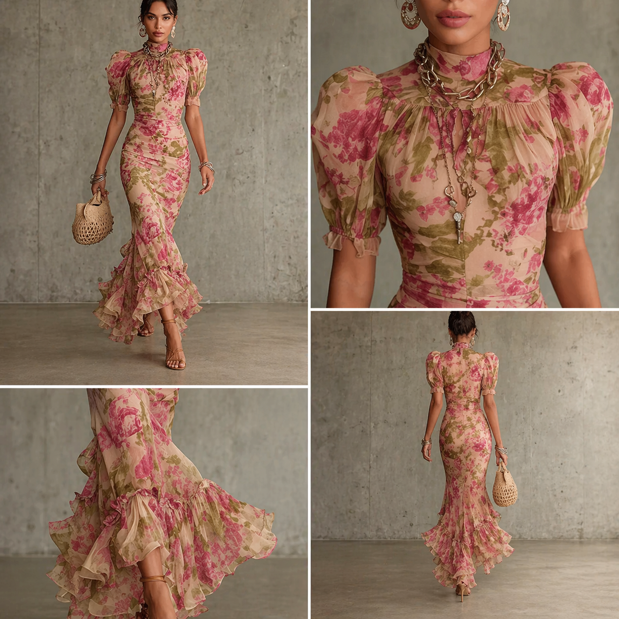 ELVENA™ | Floral Puff-Sleeve Maxi Dress.