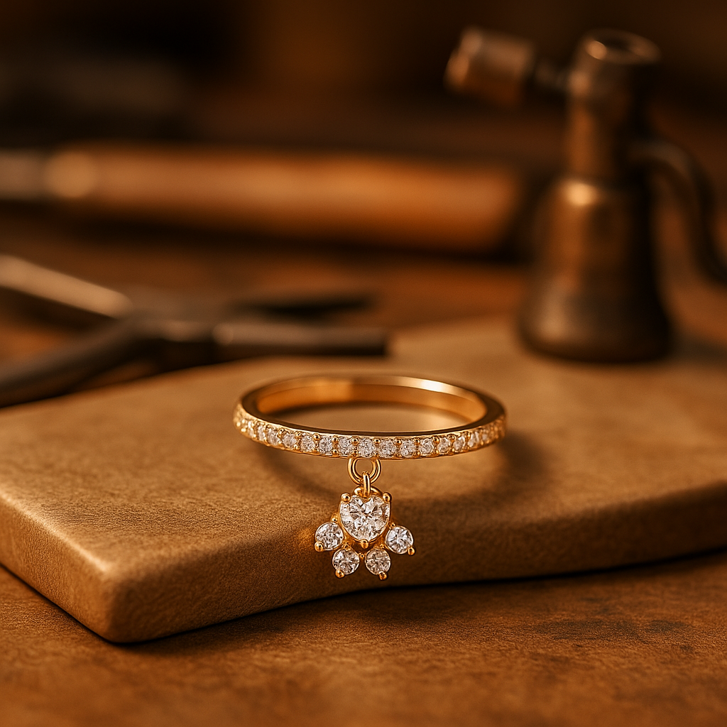Vintage Cat Paw & Heart Stone Ring – Gold & Silver Tone