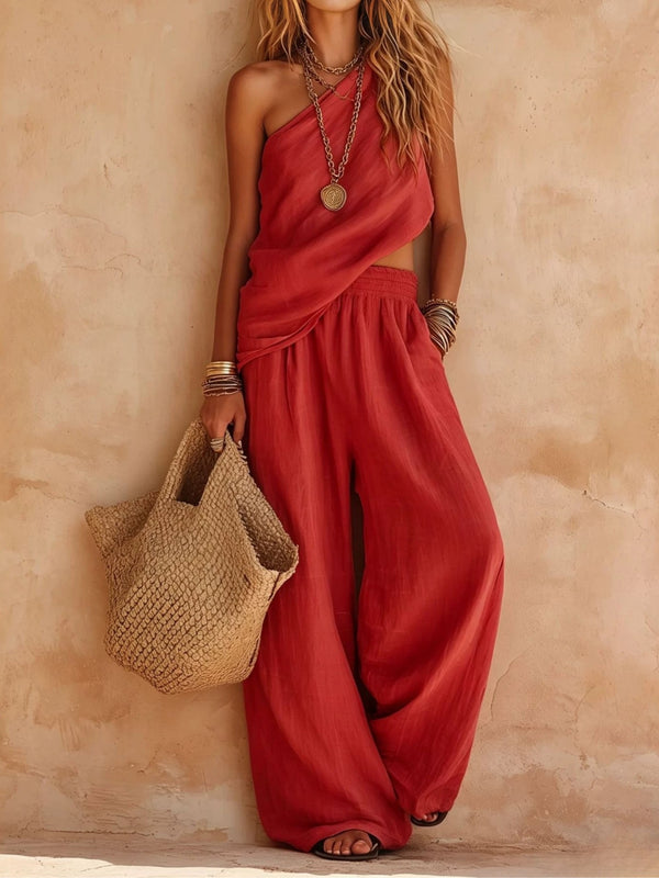Ava | Pink One-Shoulder Sleeveless Top and Pants Set