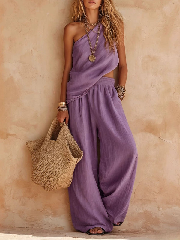 Ava | Pink One-Shoulder Sleeveless Top and Pants Set