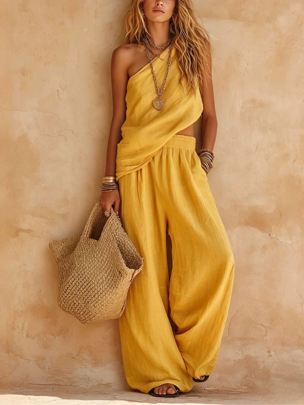 Ava | Pink One-Shoulder Sleeveless Top and Pants Set
