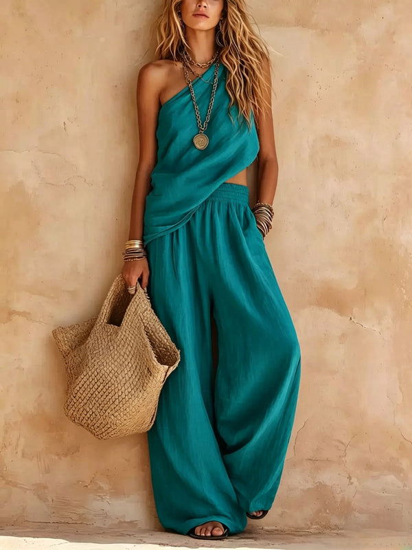 Ava | Pink One-Shoulder Sleeveless Top and Pants Set
