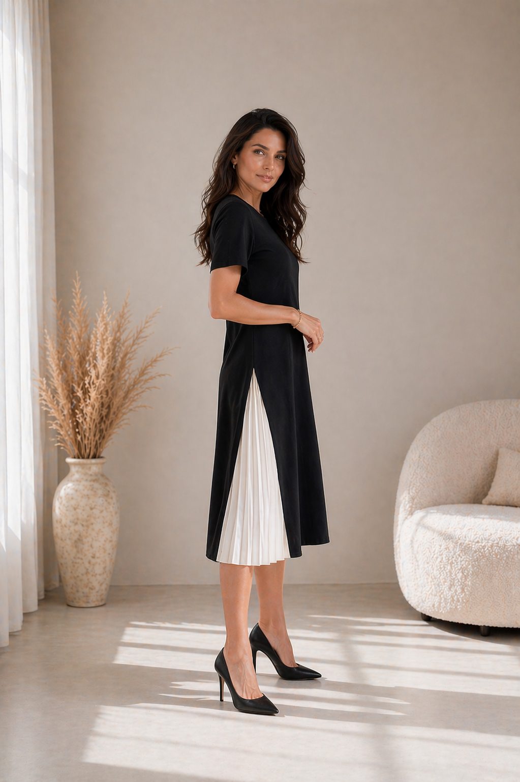 ELVENA™ | Pleated Panel Midi Dress